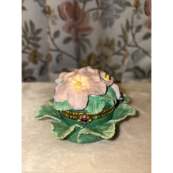 Other - Floral Trinket Box with Hinged Lid and Purple Gem Accent – Pansy Flower Design